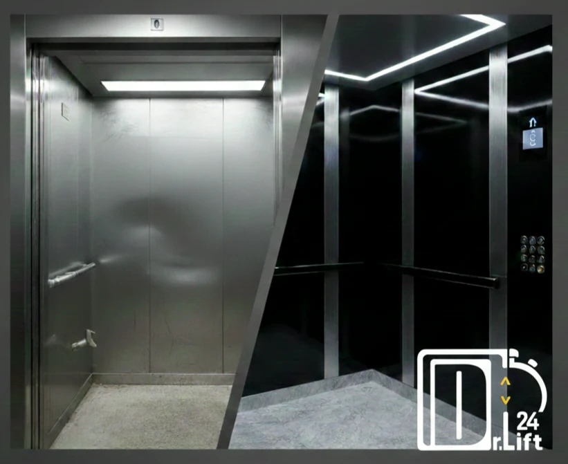 قبل و بعد بازسازی کابین آسانسور با رعایت کامل استانداردهای ایمنی، انجام تست‌های فنی دکتر لیفت 24